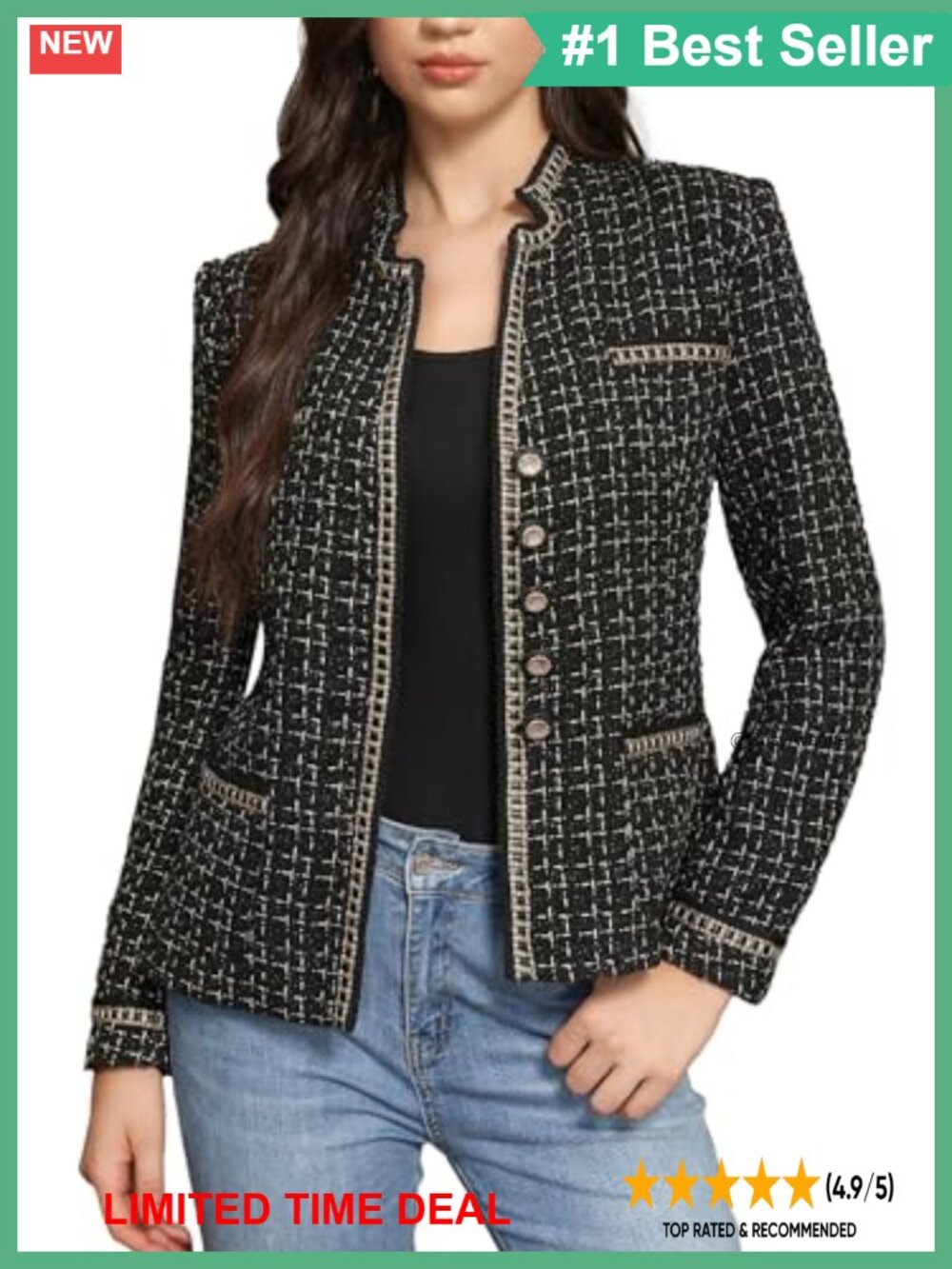 Tweed Blazer Stand Notch Lapel Tailored Fit Business Casual
